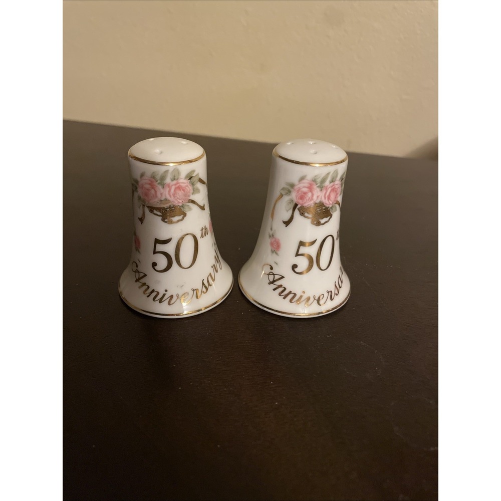 Vintage Lefton China 50th Anniversary Salt and Pepper Shakers Pink Roses 07115